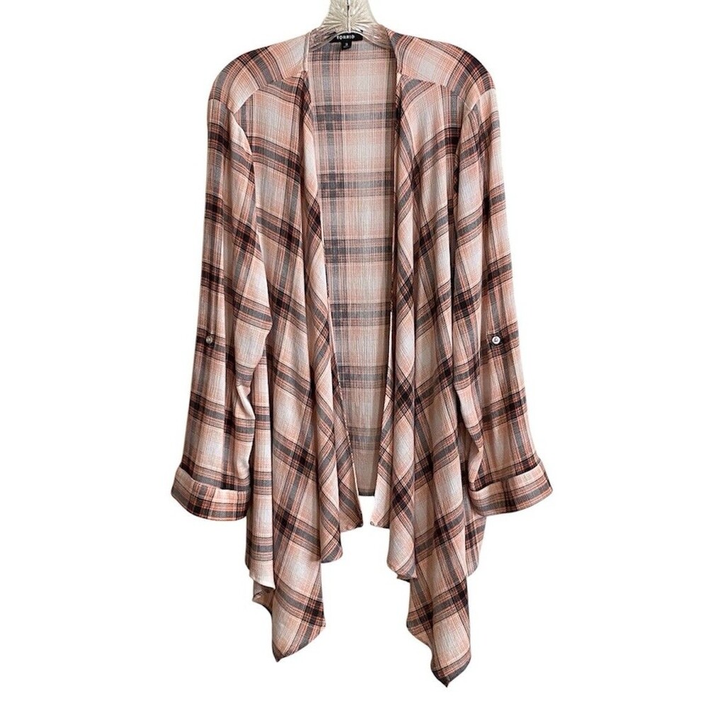 Torrid Pink Plaid Drape Front Kimono Cardigan Size 3 Roll Tab Sleeves Cozy Boho